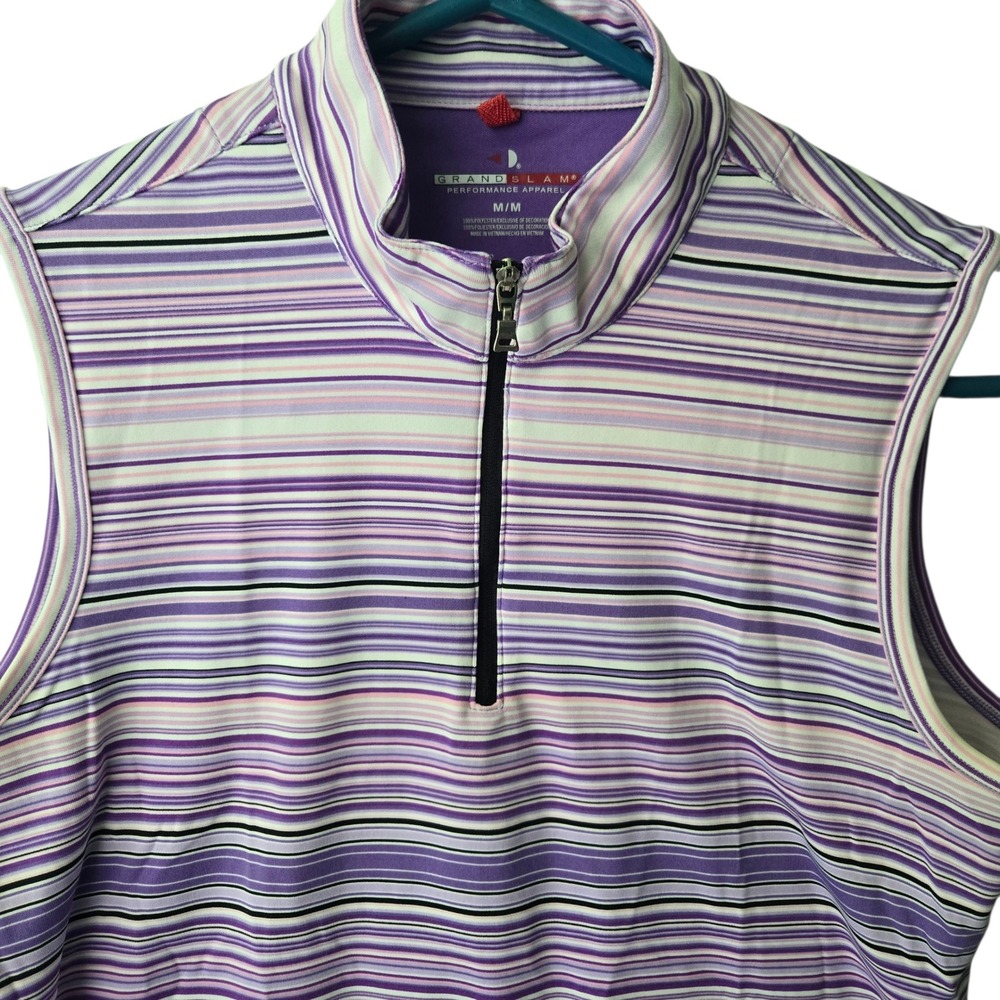 Grand Slam Womens Purple Striped Quarter Zip Sleeveless Golf Polo Tennis Shirt M